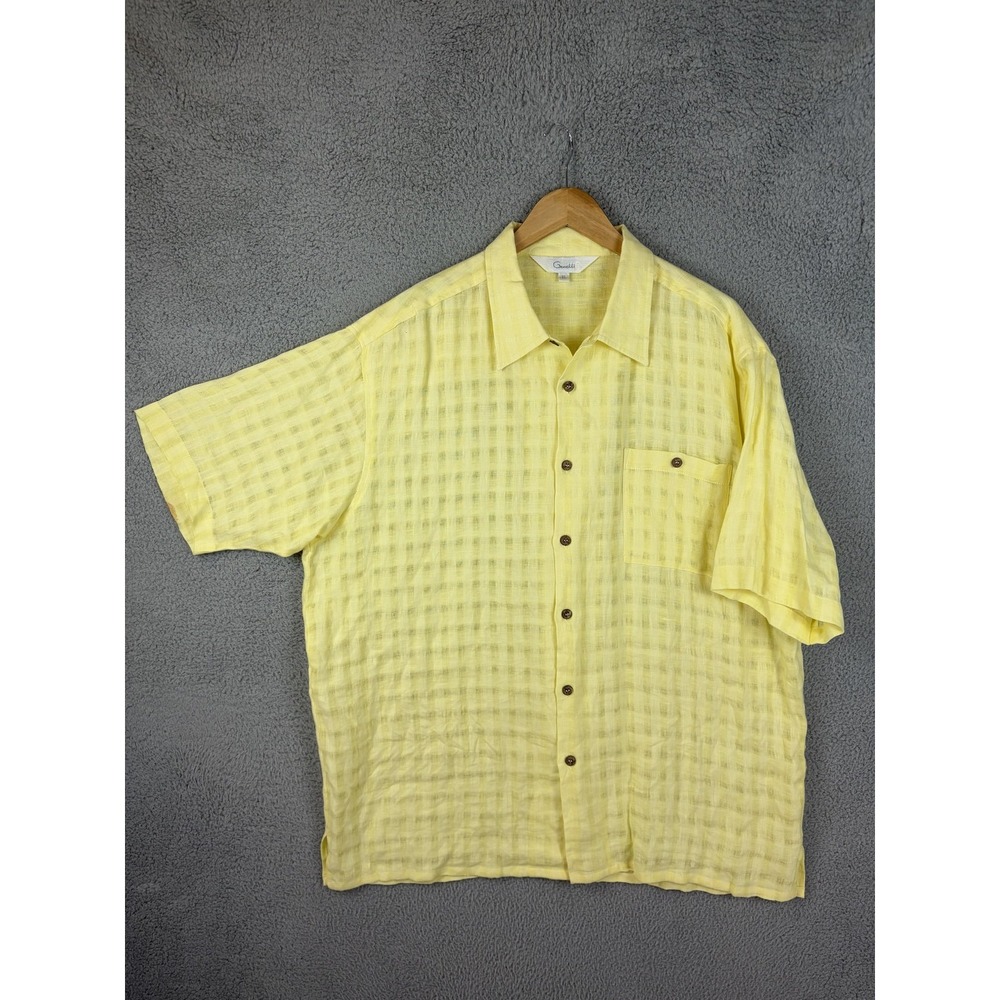 Genelli Shirt Mens XL Yellow 100% Linen Short Sleeve Button Front Check Casual